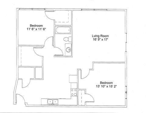 Floor plan for 2 beds, 1 bath, 1136 sqft